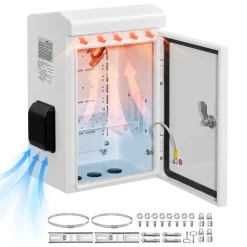 VEVOR Outdoor Electrical Box, Cold-Rolled Steel, Electrical Junction Box with Thermostat and Fan, Rain Hood, Ventilated Design, IP65 Waterproof Hinged Enclosure, Wall/Pole Mounted, 16 x 12 x 8 in