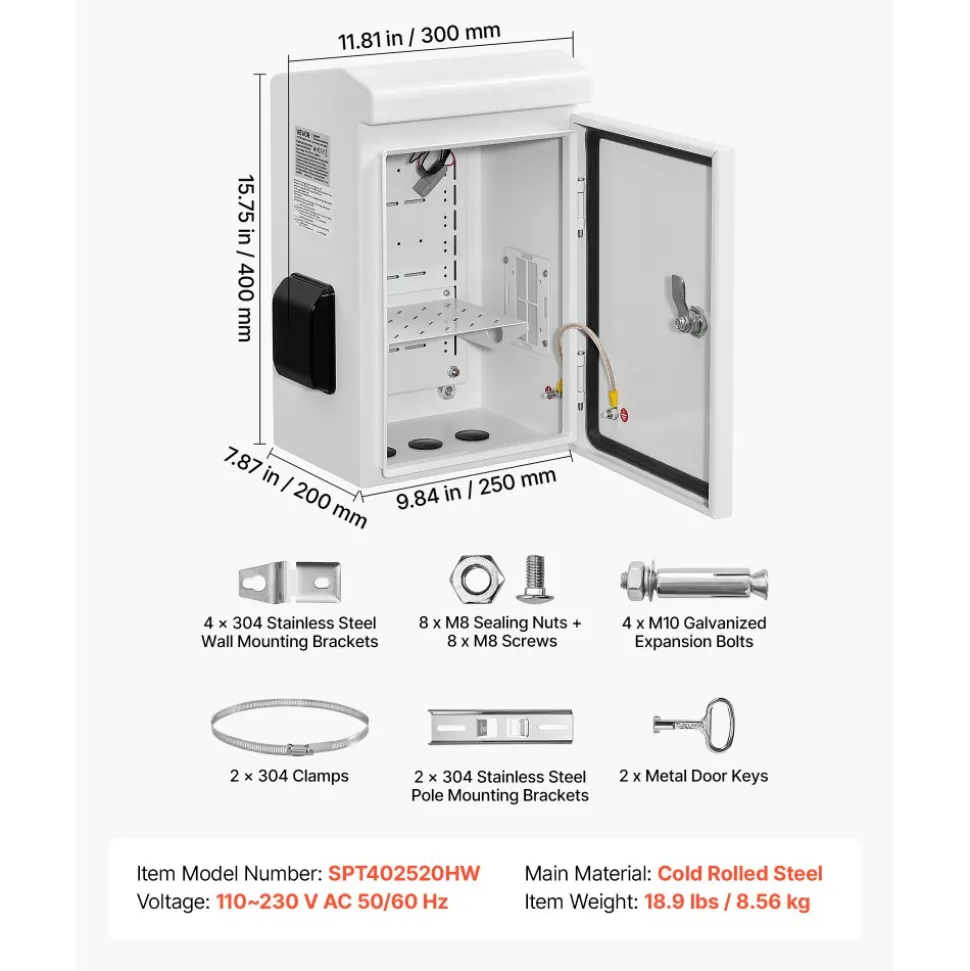 VEVOR Outdoor Electrical Box, Cold-Rolled Steel, Electrical Junction Box with Thermostat and Fan, Rain Hood, Ventilated Design, IP65 Waterproof Hinged Enclosure, Wall/Pole Mounted, 16 x 12 x 8 in