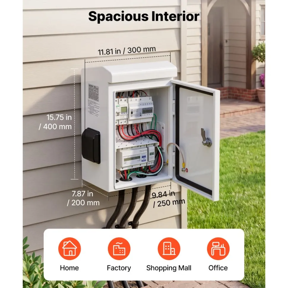 VEVOR Outdoor Electrical Box, Cold-Rolled Steel, Electrical Junction Box with Thermostat and Fan, Rain Hood, Ventilated Design, IP65 Waterproof Hinged Enclosure, Wall/Pole Mounted, 16 x 12 x 8 in