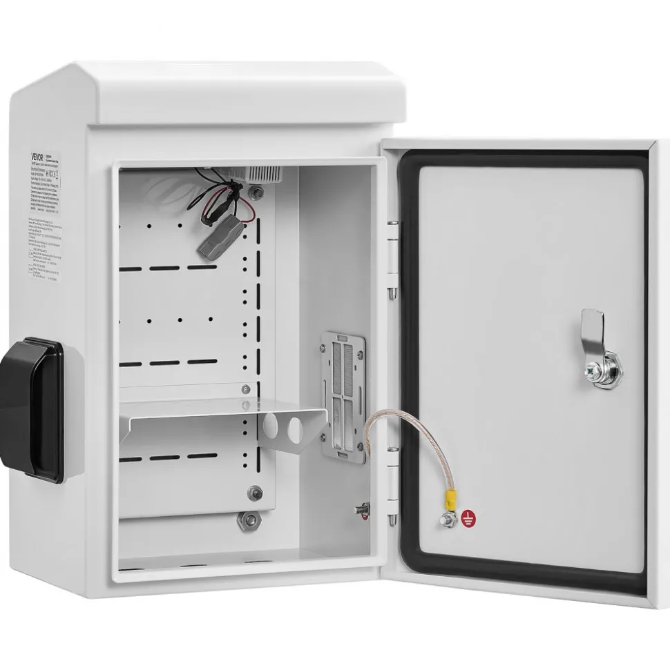 VEVOR Outdoor Electrical Box, Cold-Rolled Steel, Electrical Junction Box with Thermostat and Fan, Rain Hood, Ventilated Design, IP65 Waterproof Hinged Enclosure, Wall/Pole Mounted, 16 x 12 x 8 in