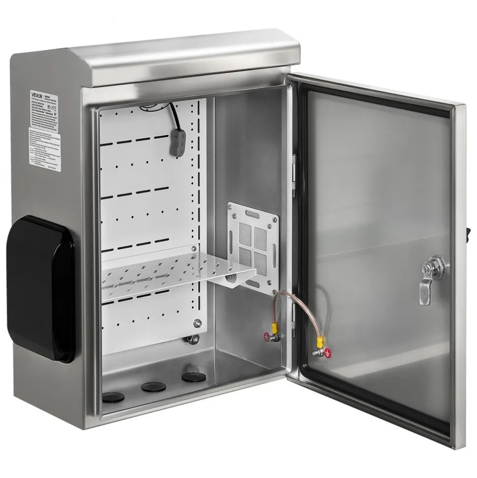 VEVOR Outdoor Electrical Box, 20 x 16 x 8 in, Stainless Steel Ventilated Electrical Enclosure with Thermostat and Fan, Rain Hood, Hinge Connection, IP65 Waterproof Junction Box, Wall/Pole Mounted,
