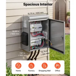 VEVOR Outdoor Electrical Box, 20 x 16 x 8 in, Stainless Steel Ventilated Electrical Enclosure with Thermostat and Fan, Rain Hood, Hinge Connection, IP65 Waterproof Junction Box, Wall/Pole Mounted,