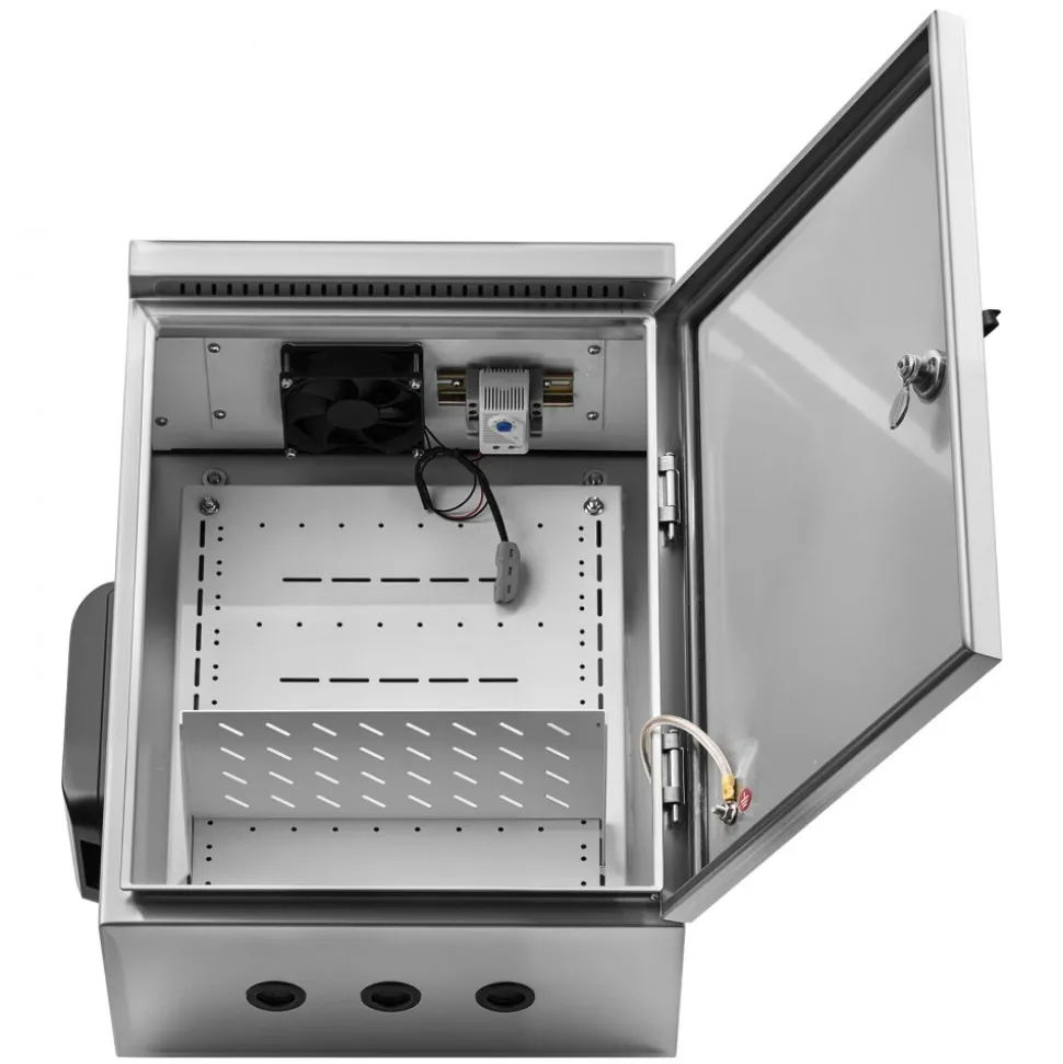 VEVOR Outdoor Electrical Box, 20 x 16 x 8 in, Stainless Steel Ventilated Electrical Enclosure with Thermostat and Fan, Rain Hood, Hinge Connection, IP65 Waterproof Junction Box, Wall/Pole Mounted,