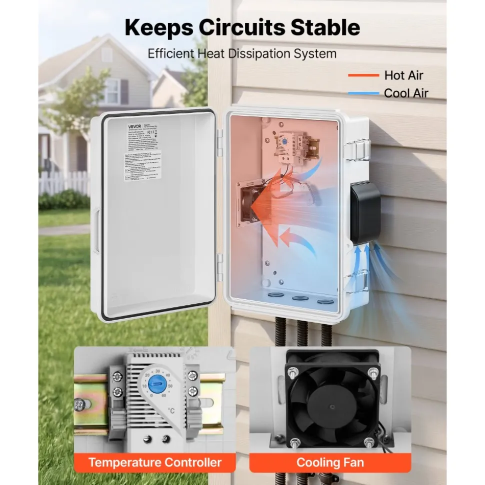 VEVOR Outdoor Electrical Box, ABS, Waterproof Electrical Junction Box with Thermostat and Fan, Mounting Plate, Cable Grommets, Ventilated Plastic Enclosure, 14.2 x 10.8 x 5.9 in, IP65 for Indoor/Outdoor