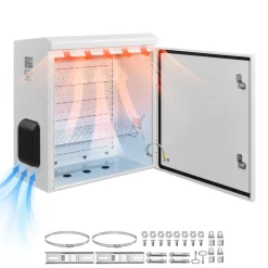 VEVOR Outdoor Electrical Box, Cold-Rolled Steel, Electrical Junction Box with Thermostat and Fan, Rain Hood, Ventilated Design, IP65 Waterproof Hinged Enclosure, Wall/Pole Mounted, 24 x 24 x 12 in