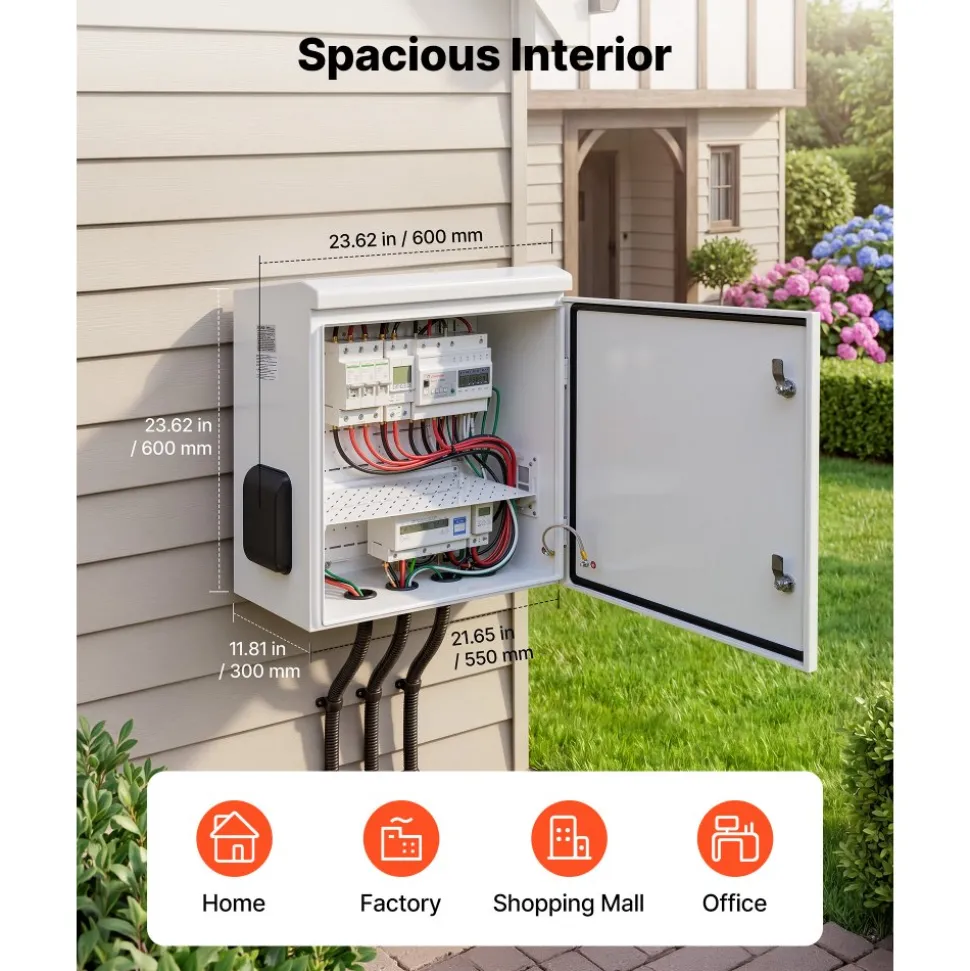 VEVOR Outdoor Electrical Box, Cold-Rolled Steel, Electrical Junction Box with Thermostat and Fan, Rain Hood, Ventilated Design, IP65 Waterproof Hinged Enclosure, Wall/Pole Mounted, 24 x 24 x 12 in