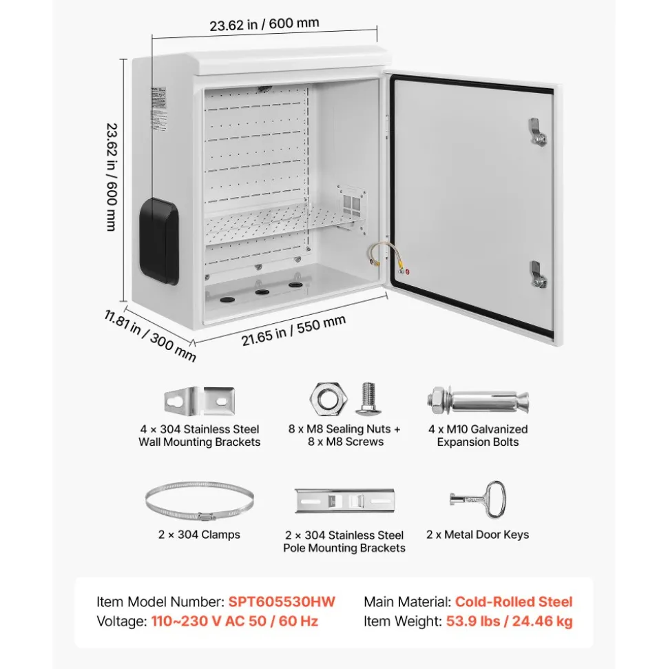 VEVOR Outdoor Electrical Box, Cold-Rolled Steel, Electrical Junction Box with Thermostat and Fan, Rain Hood, Ventilated Design, IP65 Waterproof Hinged Enclosure, Wall/Pole Mounted, 24 x 24 x 12 in