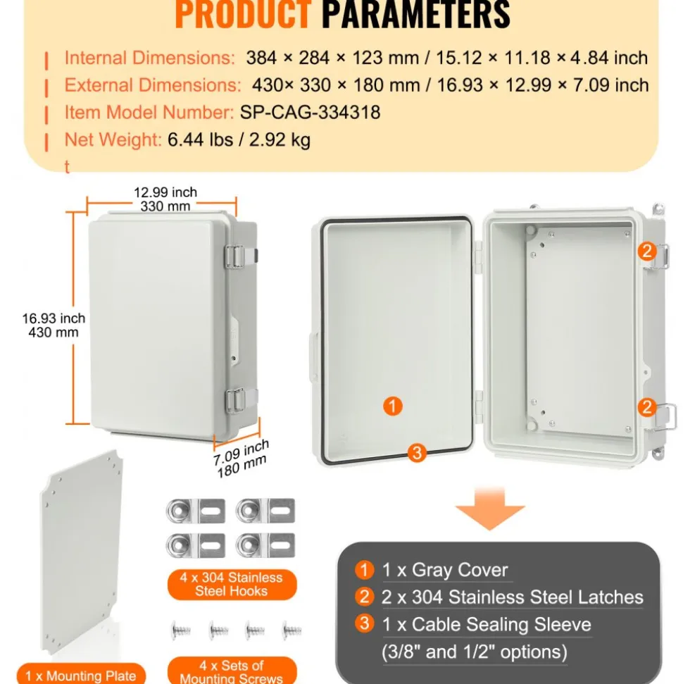 VEVOR Outdoor Electrical Junction Box, 13.78 x 9.84 x 5.90 in, ABS Plastic Electrical Enclosure Box with Hinged Cover Stainless Steel Latch, IP67 Dustproof Waterproof for Outdoor Electrical Projects