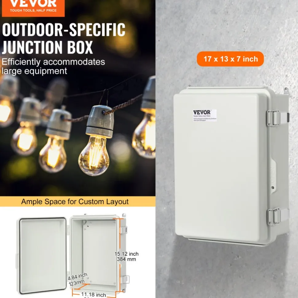 VEVOR Outdoor Electrical Junction Box, 13.78 x 9.84 x 5.90 in, ABS Plastic Electrical Enclosure Box with Hinged Cover Stainless Steel Latch, IP67 Dustproof Waterproof for Outdoor Electrical Projects