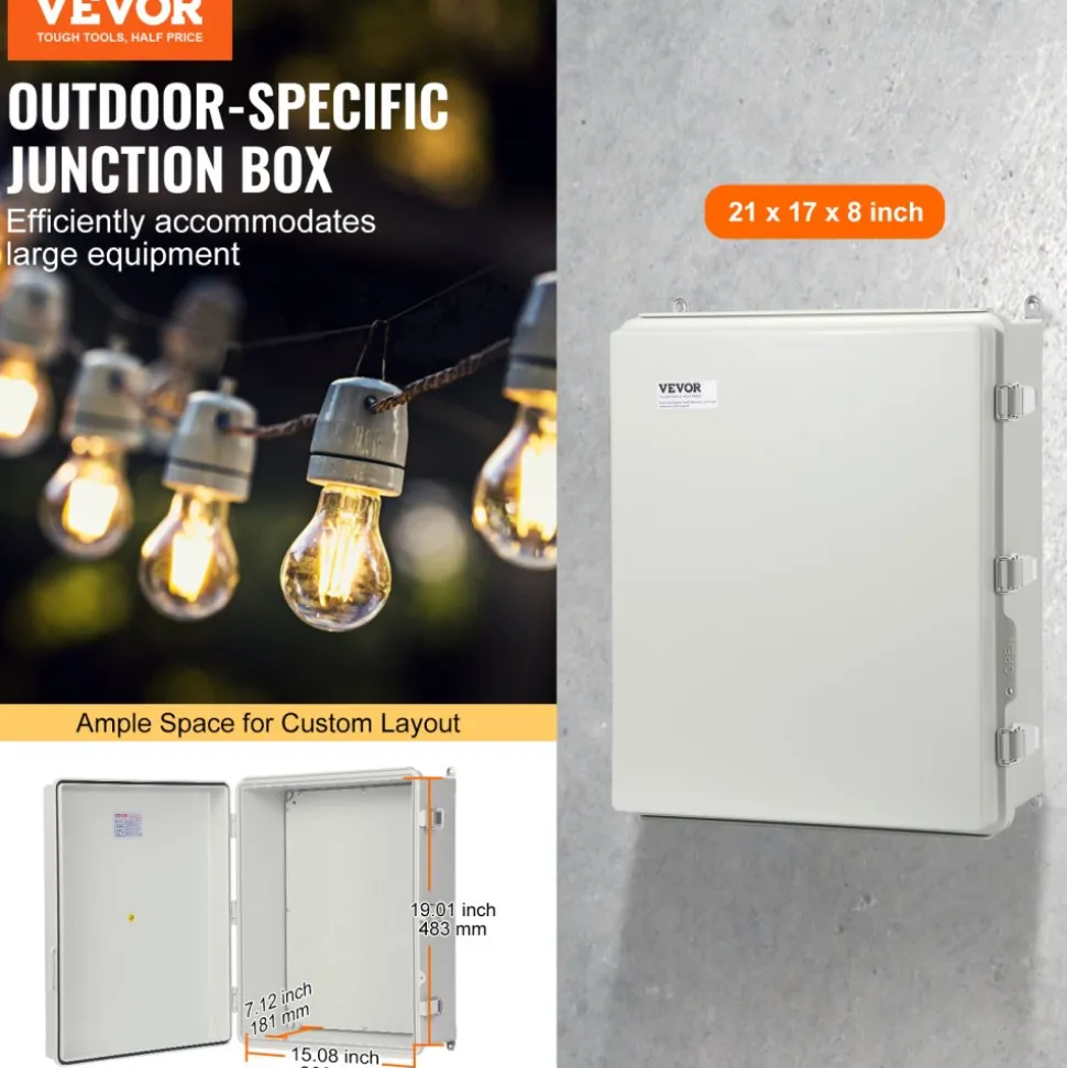 VEVOR Outdoor Electrical Junction Box, 20.87 x 16.92 x 7.87 in, ABS Plastic Electrical Enclosure Box with Hinged Cover Stainless Steel Latch, IP67 Dustproof Waterproof for Outdoor Electrical Projects