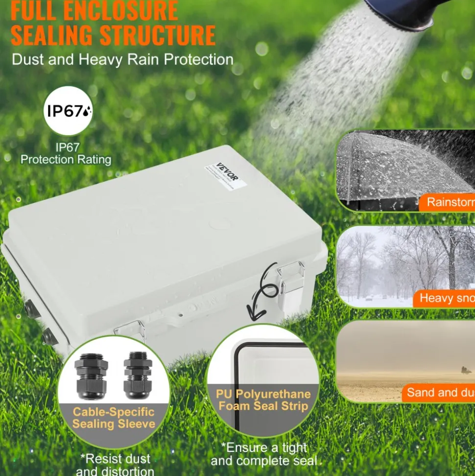 VEVOR Outdoor Electrical Junction Box, 11.81 x 7.87 x 7.08 in, ABS Plastic Electrical Enclosure Box with Hinged Cover Stainless Steel Latch, IP67 Dustproof Waterproof for Outdoor Electrical Projects