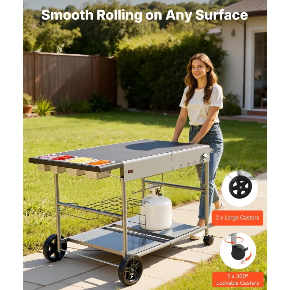 VEVOR Outdoor Grill Cart, Grilling Table, Movable Outdoor Cooking Table with 4 Spice Containers, Wheels, Lids, Hooks, BBQ Prep Tables for Picnic, Kitchen, Courtyard