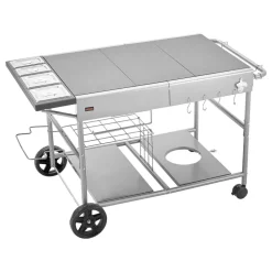 VEVOR Outdoor Grill Cart, Grilling Table, Movable Outdoor Cooking Table with 4 Spice Containers, Wheels, Lids, Hooks, BBQ Prep Tables for Picnic, Kitchen, Courtyard