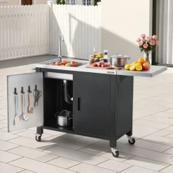 VEVOR Outdoor Grill Cart with Sink and Storage Cabinet, 52 Inch Grill Table, Waterproof Kitchen Island with Stainless Steel Top, Spice Rack, Wheel, Movable Food Prep Station for Patio Bar Backyard BBQ