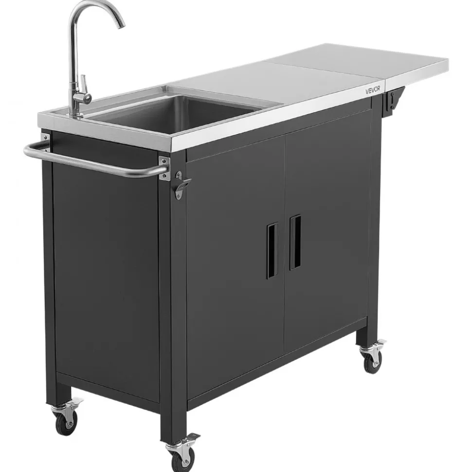 VEVOR Outdoor Grill Cart with Sink and Storage Cabinet, 52 Inch Grill Table, Waterproof Kitchen Island with Stainless Steel Top, Spice Rack, Wheel, Movable Food Prep Station for Patio Bar Backyard BBQ