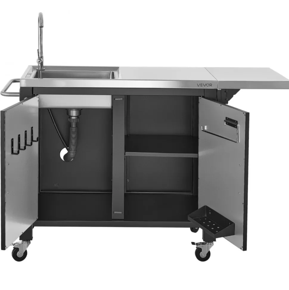 VEVOR Outdoor Grill Cart with Sink and Storage Cabinet, 52 Inch Grill Table, Waterproof Kitchen Island with Stainless Steel Top, Spice Rack, Wheel, Movable Food Prep Station for Patio Bar Backyard BBQ