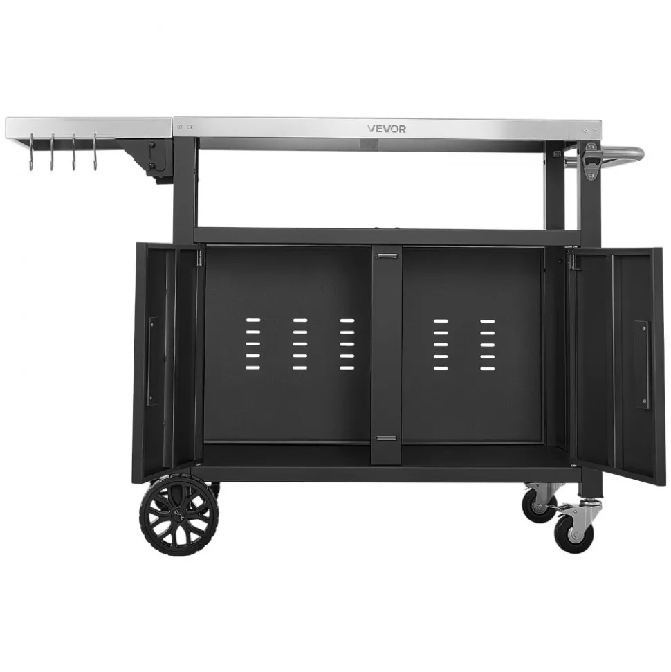VEVOR Outdoor Grill Cart with Storage Cabinet, 48.9 Inch Grill Table, Waterproof Kitchen Island with Stainless Steel Top, Shelf, and Wheels, Movable Food Prep Station for Patio Bar Backyard BBQ