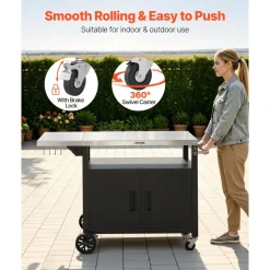 VEVOR Outdoor Grill Cart with Storage Cabinet, 48.9 Inch Grill Table, Waterproof Kitchen Island with Stainless Steel Top, Shelf, and Wheels, Movable Food Prep Station for Patio Bar Backyard BBQ
