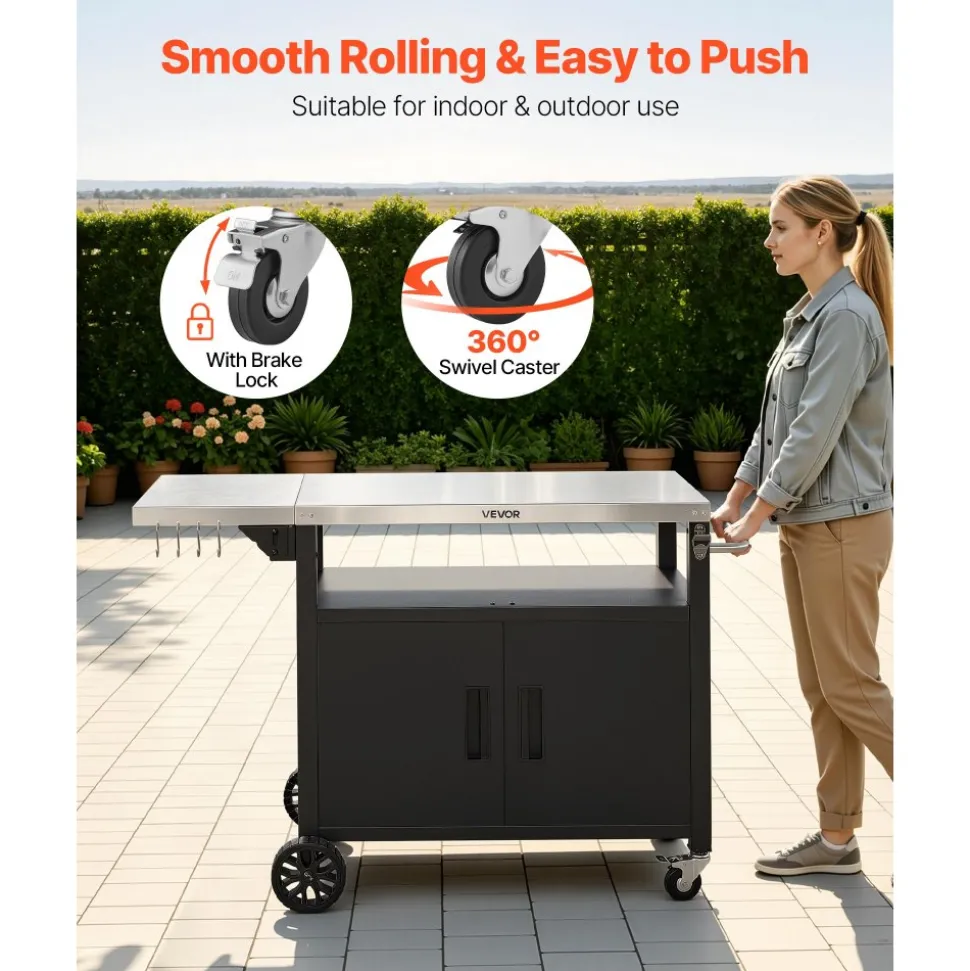 VEVOR Outdoor Grill Cart with Storage Cabinet, 48.9 Inch Grill Table, Waterproof Kitchen Island with Stainless Steel Top, Shelf, and Wheels, Movable Food Prep Station for Patio Bar Backyard BBQ