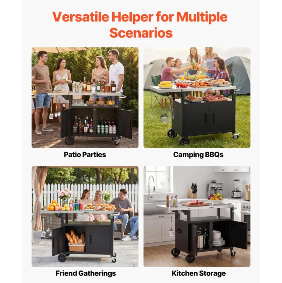 VEVOR Outdoor Grill Cart with Storage Cabinet, 48.9 Inch Grill Table, Waterproof Kitchen Island with Stainless Steel Top, Shelf, and Wheels, Movable Food Prep Station for Patio Bar Backyard BBQ