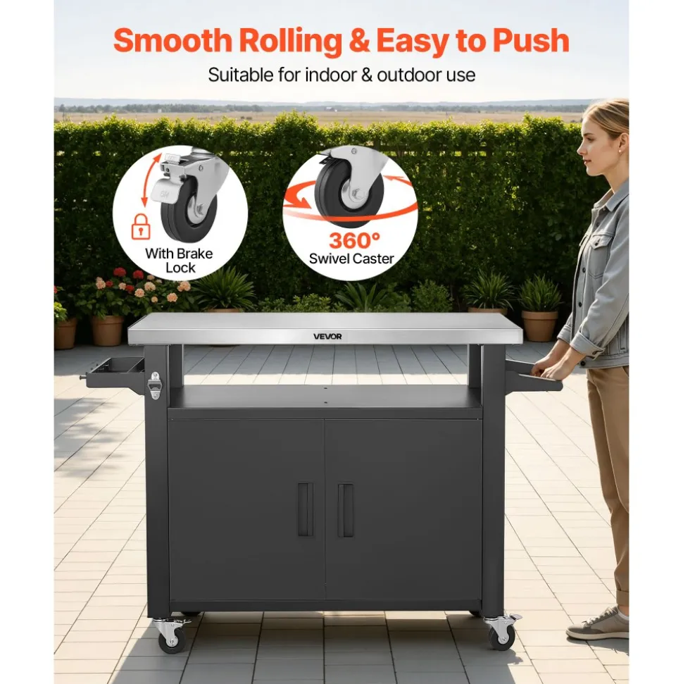 VEVOR Outdoor Grill Cart with Storage Cabinet, 53.1 Inch Grill Table, Waterproof Kitchen Island with Stainless Steel Top, Shelf, and Wheels, Movable Food Prep Station for Patio Bar Backyard BBQ