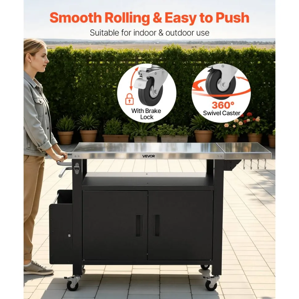 VEVOR Outdoor Grill Cart with Storage Cabinet, 36.4 Inch Grill Table, Waterproof Kitchen Island with Stainless Steel Top, Shelf, and Wheels, Movable Food Prep Station for Patio Bar Backyard BBQ