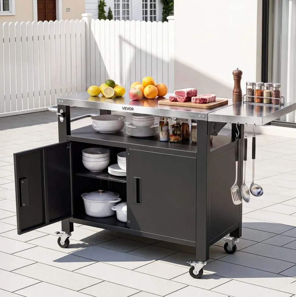 VEVOR Outdoor Grill Cart with Storage Cabinet, 36.4 Inch Grill Table, Waterproof Kitchen Island with Stainless Steel Top, Shelf, and Wheels, Movable Food Prep Station for Patio Bar Backyard BBQ