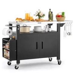 VEVOR Outdoor Grill Cart with Storage Cabinet, 36.4 Inch Grill Table, Waterproof Kitchen Island with Stainless Steel Top, Shelf, and Wheels, Movable Food Prep Station for Patio Bar Backyard BBQ