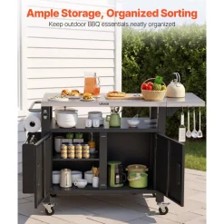 VEVOR Outdoor Grill Cart with Storage Cabinet, 36.4 Inch Grill Table, Waterproof Kitchen Island with Stainless Steel Top, Shelf, and Wheels, Movable Food Prep Station for Patio Bar Backyard BBQ