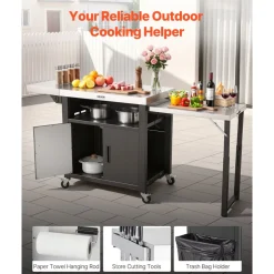 VEVOR Outdoor Grill Cart with Storage Cabinet, 74.8 Inch Grill Table, Waterproof Kitchen Island with Stainless Steel Top, Pull-Out Plate, Wheels, Movable Food Prep Station for Patio Bar Backyard BBQ