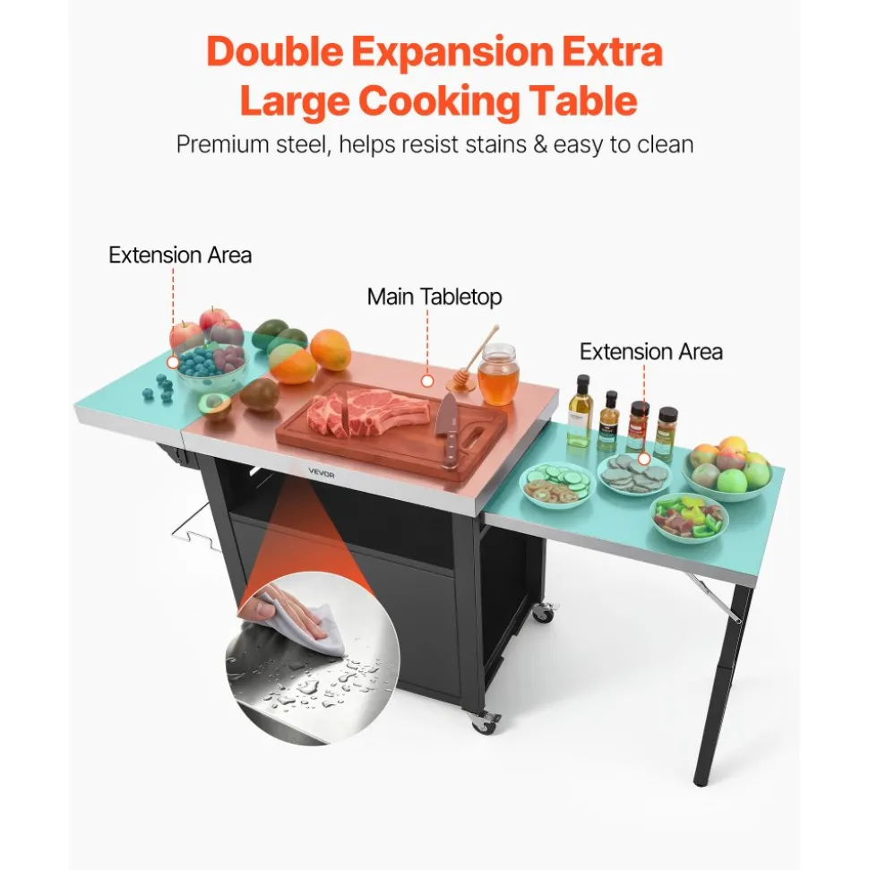 VEVOR Outdoor Grill Cart with Storage Cabinet, 74.8 Inch Grill Table, Waterproof Kitchen Island with Stainless Steel Top, Pull-Out Plate, Wheels, Movable Food Prep Station for Patio Bar Backyard BBQ