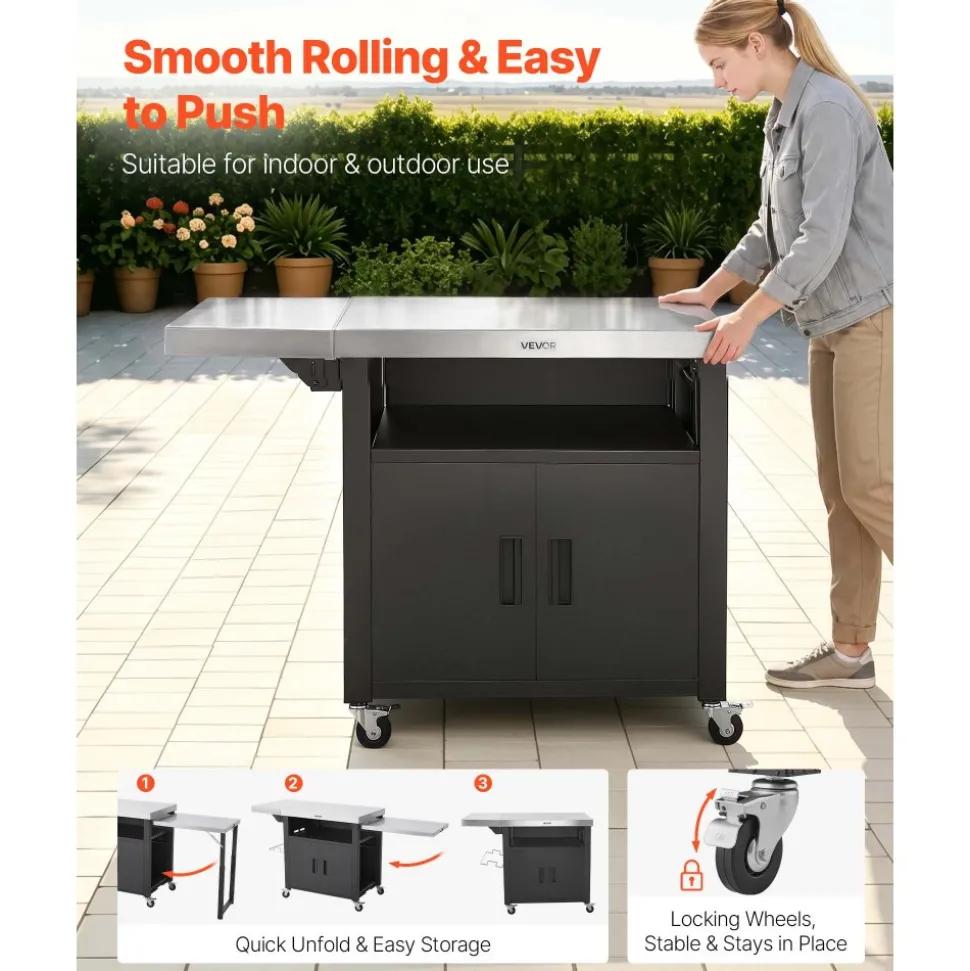 VEVOR Outdoor Grill Cart with Storage Cabinet, 74.8 Inch Grill Table, Waterproof Kitchen Island with Stainless Steel Top, Pull-Out Plate, Wheels, Movable Food Prep Station for Patio Bar Backyard BBQ