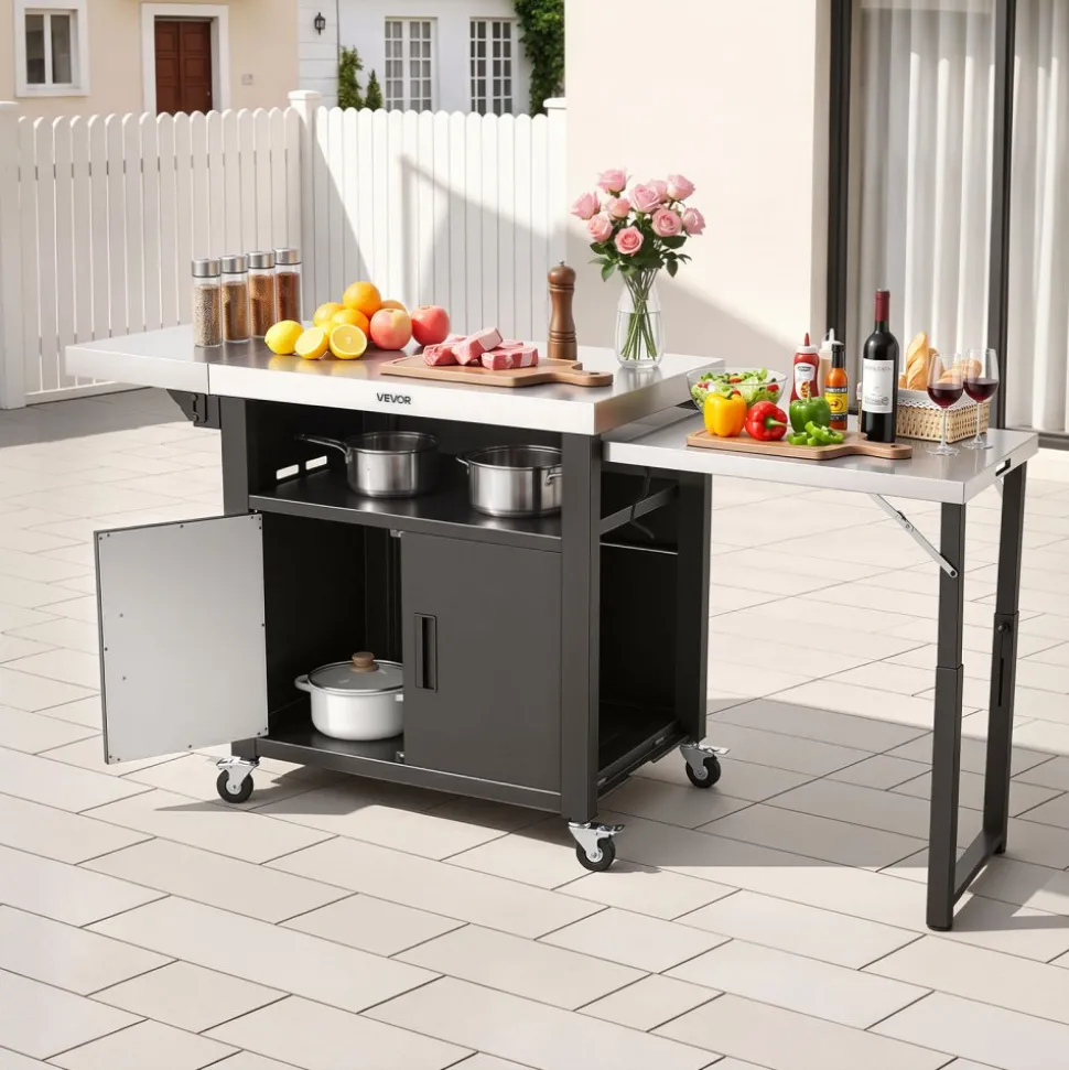 VEVOR Outdoor Grill Cart with Storage Cabinet, 74.8 Inch Grill Table, Waterproof Kitchen Island with Stainless Steel Top, Pull-Out Plate, Wheels, Movable Food Prep Station for Patio Bar Backyard BBQ