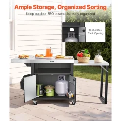 VEVOR Outdoor Grill Cart with Storage Cabinet, 74.8 Inch Grill Table, Waterproof Kitchen Island with Stainless Steel Top, Pull-Out Plate, Wheels, Movable Food Prep Station for Patio Bar Backyard BBQ