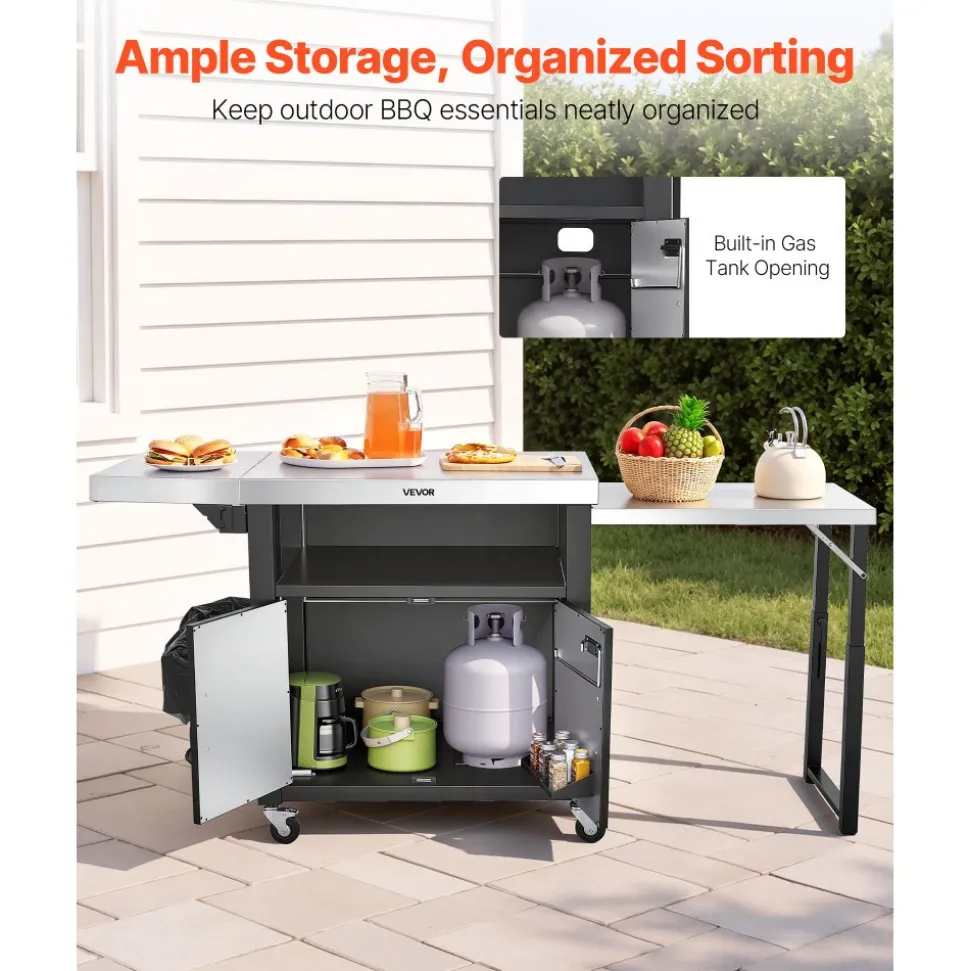 VEVOR Outdoor Grill Cart with Storage Cabinet, 74.8 Inch Grill Table, Waterproof Kitchen Island with Stainless Steel Top, Pull-Out Plate, Wheels, Movable Food Prep Station for Patio Bar Backyard BBQ