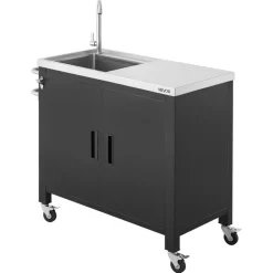 VEVOR Outdoor Grill Cart with Sink and Storage Cabinet, 38 Inch Grill Table, Waterproof Kitchen Island with Stainless Steel Top, Spice Rack, Wheel, Movable Food Prep Station for Patio Bar Backyard BBQ