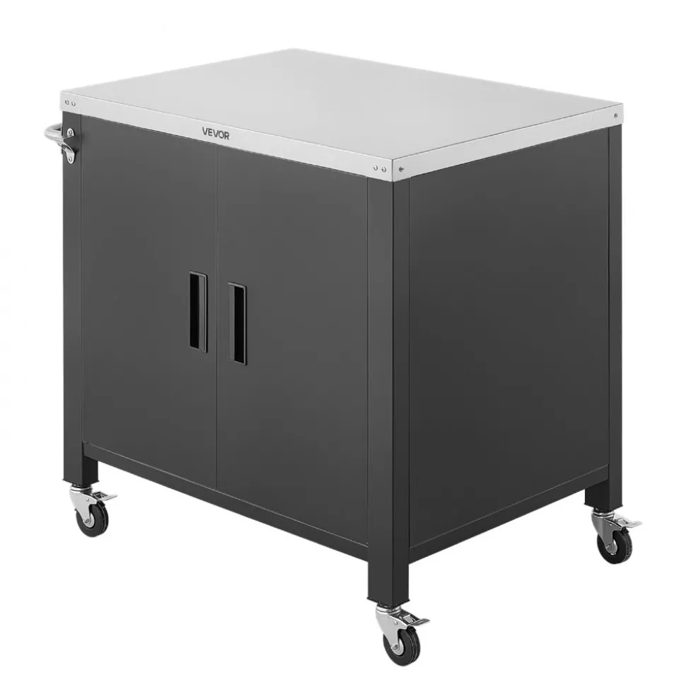 VEVOR Outdoor Grill Cart with Storage Cabinet, 40 Inch Grill Table, Waterproof Kitchen Island with Stainless Steel Top, Spice Rack, and Wheels, Movable Food Prep Station for Patio Bar Backyard BBQ