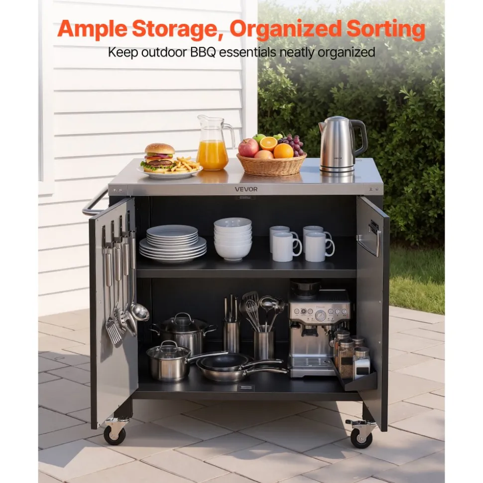 VEVOR Outdoor Grill Cart with Storage Cabinet, 40 Inch Grill Table, Waterproof Kitchen Island with Stainless Steel Top, Spice Rack, and Wheels, Movable Food Prep Station for Patio Bar Backyard BBQ