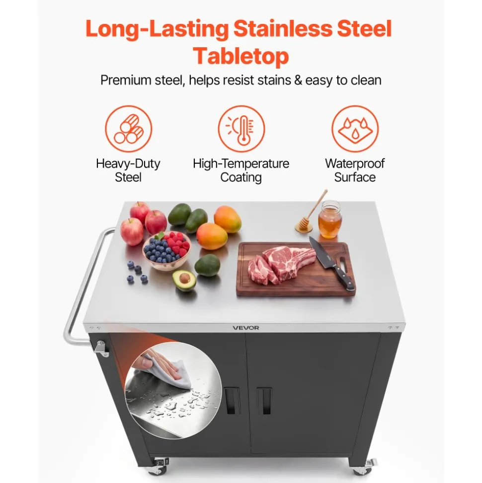VEVOR Outdoor Grill Cart with Storage Cabinet, 40 Inch Grill Table, Waterproof Kitchen Island with Stainless Steel Top, Spice Rack, and Wheels, Movable Food Prep Station for Patio Bar Backyard BBQ