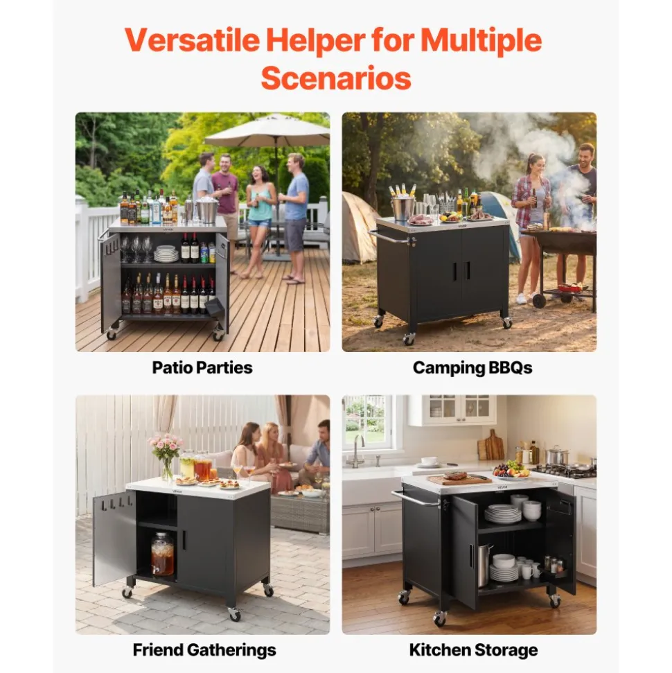 VEVOR Outdoor Grill Cart with Storage Cabinet, 40 Inch Grill Table, Waterproof Kitchen Island with Stainless Steel Top, Spice Rack, and Wheels, Movable Food Prep Station for Patio Bar Backyard BBQ