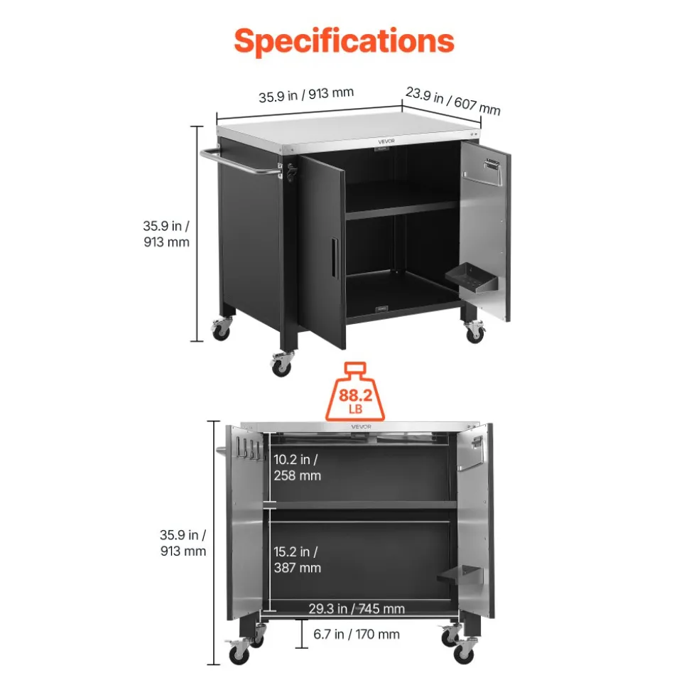 VEVOR Outdoor Grill Cart with Storage Cabinet, 40 Inch Grill Table, Waterproof Kitchen Island with Stainless Steel Top, Spice Rack, and Wheels, Movable Food Prep Station for Patio Bar Backyard BBQ