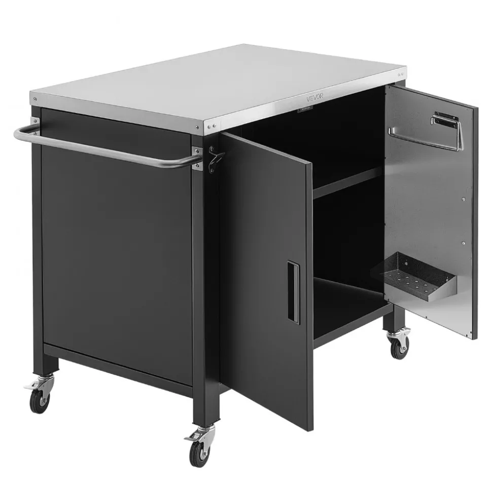 VEVOR Outdoor Grill Cart with Storage Cabinet, 40 Inch Grill Table, Waterproof Kitchen Island with Stainless Steel Top, Spice Rack, and Wheels, Movable Food Prep Station for Patio Bar Backyard BBQ