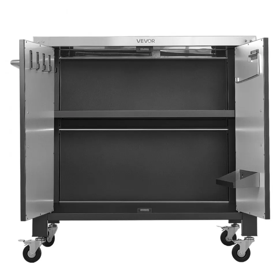 VEVOR Outdoor Grill Cart with Storage Cabinet, 40 Inch Grill Table, Waterproof Kitchen Island with Stainless Steel Top, Spice Rack, and Wheels, Movable Food Prep Station for Patio Bar Backyard BBQ