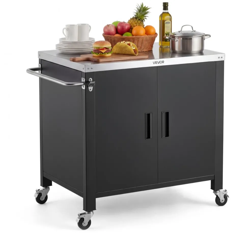 VEVOR Outdoor Grill Cart with Storage Cabinet, 40 Inch Grill Table, Waterproof Kitchen Island with Stainless Steel Top, Spice Rack, and Wheels, Movable Food Prep Station for Patio Bar Backyard BBQ