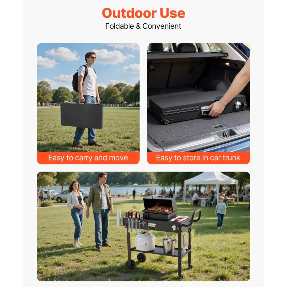 VEVOR Outdoor Grill Cart, 31.0 x 17.0 inch Tabletop Size Grilling Table, Foldable Outdoor Cooking Table with Tissue Holder, Wheels, Magnetic Tool Rack, BBQ Prep Tables for Picnic, Kitchen, Courtyard