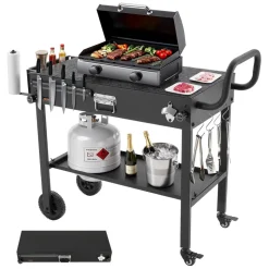 VEVOR Outdoor Grill Cart, 31.0 x 17.0 inch Tabletop Size Grilling Table, Foldable Outdoor Cooking Table with Tissue Holder, Wheels, Magnetic Tool Rack, BBQ Prep Tables for Picnic, Kitchen, Courtyard