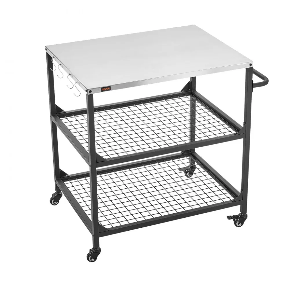 VEVOR Outdoor Grill Cart, 31.5 x 24.0 inch Stainless Steel Tabletop Size Grilling Table, Outdoor Cooking Table with 4 Wheels & Side Handle, Two Mesh Shelves, BBQ Prep Tables for Patio, Garden