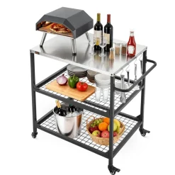 VEVOR Outdoor Grill Cart, 31.5 x 24.0 inch Stainless Steel Tabletop Size Grilling Table, Outdoor Cooking Table with 4 Wheels & Side Handle, Two Mesh Shelves, BBQ Prep Tables for Patio, Garden