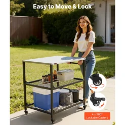 VEVOR Outdoor Grill Cart, 31.5 x 24.0 inch Stainless Steel Tabletop Size Grilling Table, Outdoor Cooking Table with 4 Wheels & Side Handle, Two Mesh Shelves, BBQ Prep Tables for Patio, Garden