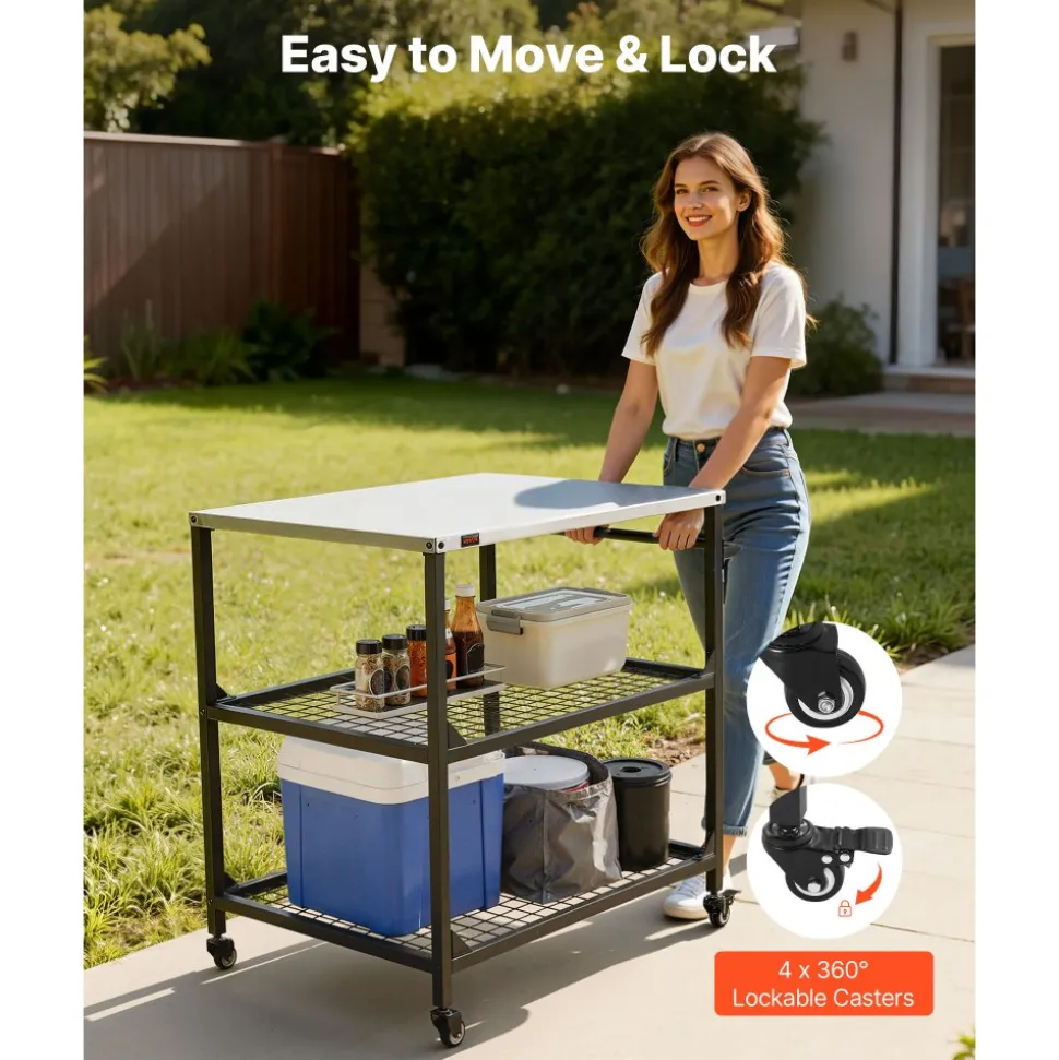 VEVOR Outdoor Grill Cart, 31.5 x 24.0 inch Stainless Steel Tabletop Size Grilling Table, Outdoor Cooking Table with 4 Wheels & Side Handle, Two Mesh Shelves, BBQ Prep Tables for Patio, Garden